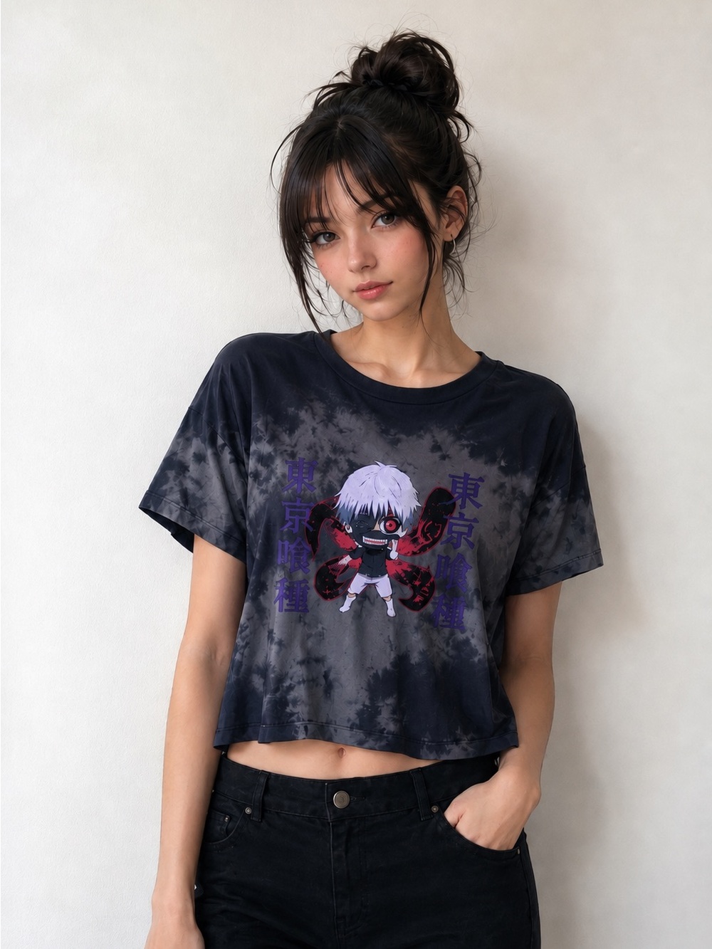 Hot Topic Black Tie-Dye Tokyo Ghoul Crop Tee with Purple Graphic